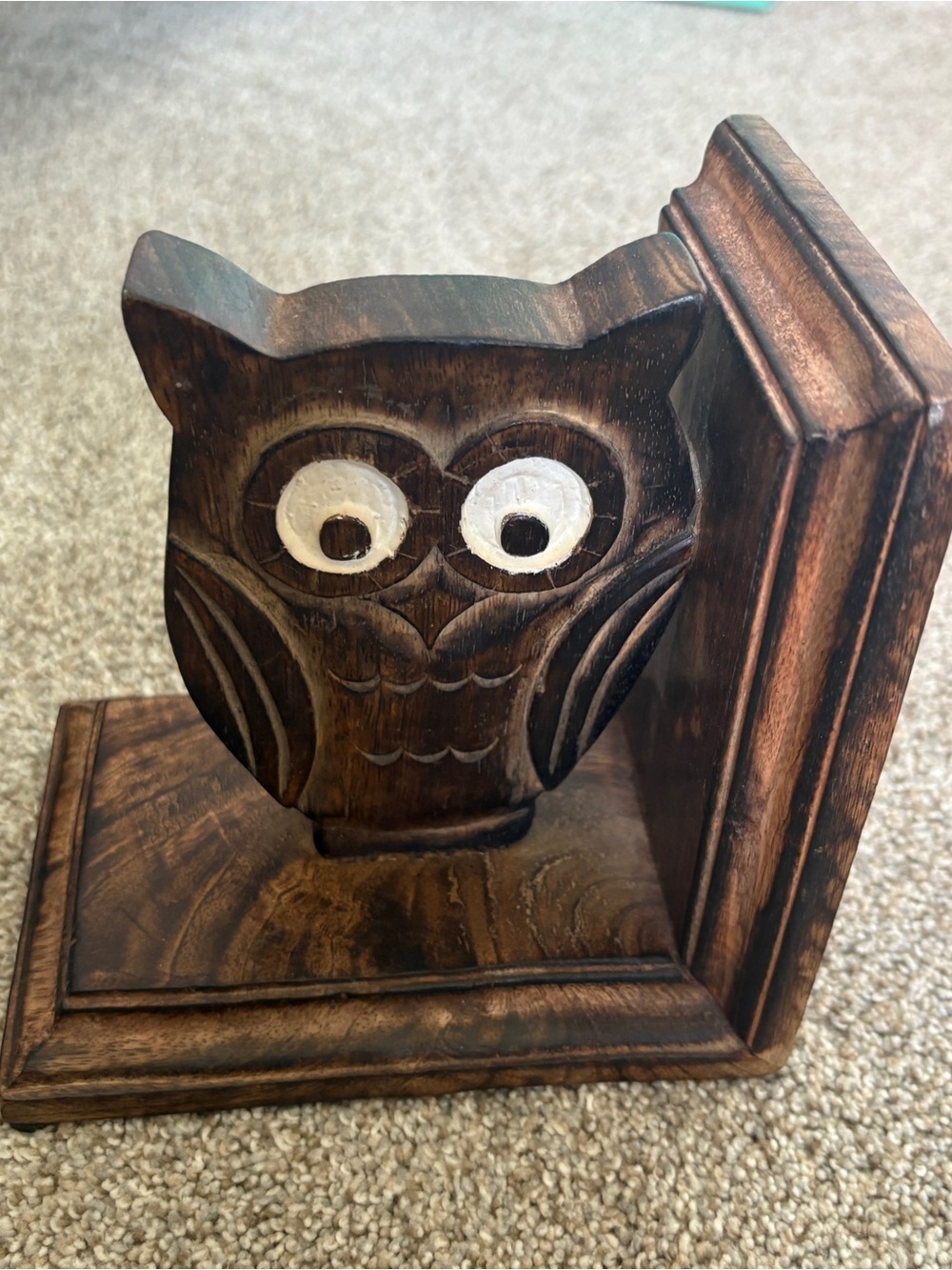 Wooden Owl Bookend Vintage MCM - Brown Whimsy Kitchy